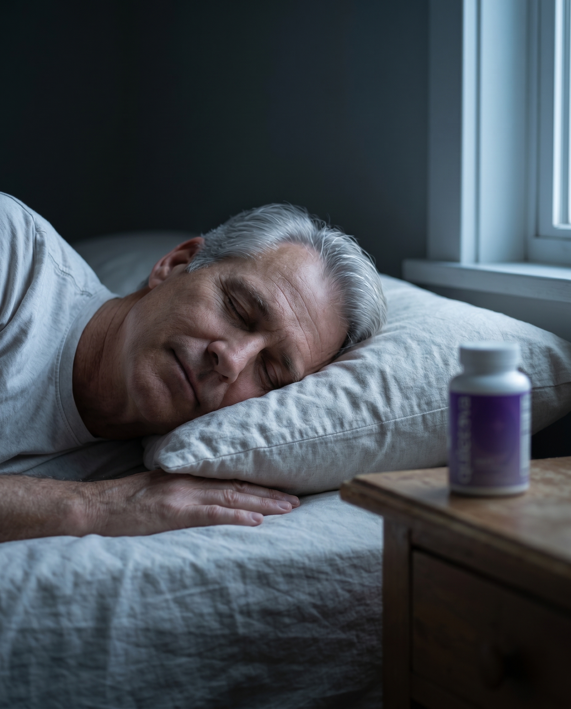 Man sleeping deeply at night with Quietova Drift on the nightstand